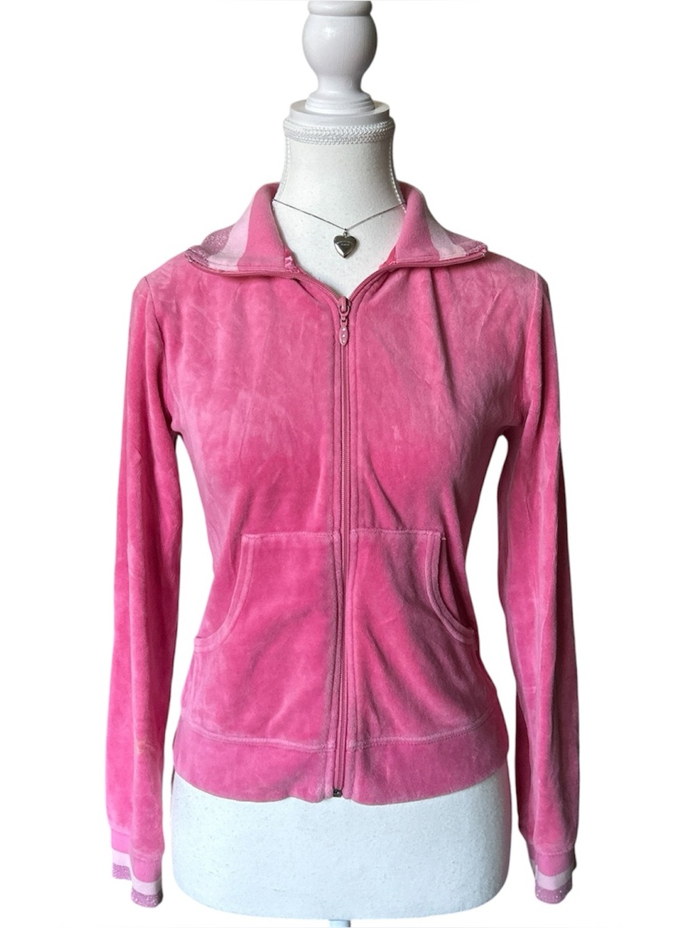 Y2K “New York Laundry” Bubblegum Pink Velour Zip-up Tracksuit Top